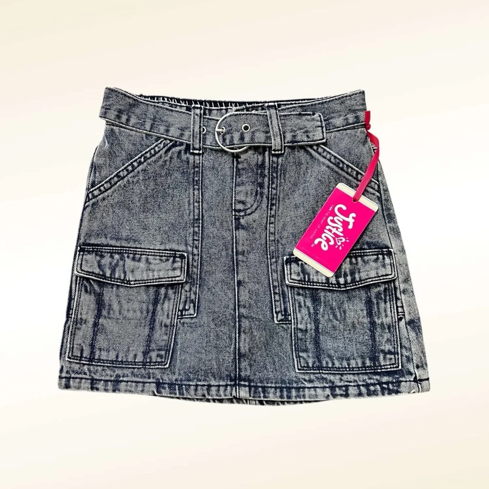 Justice Denim Cargo Skort NWT Size 8 Belted Bleach Washed